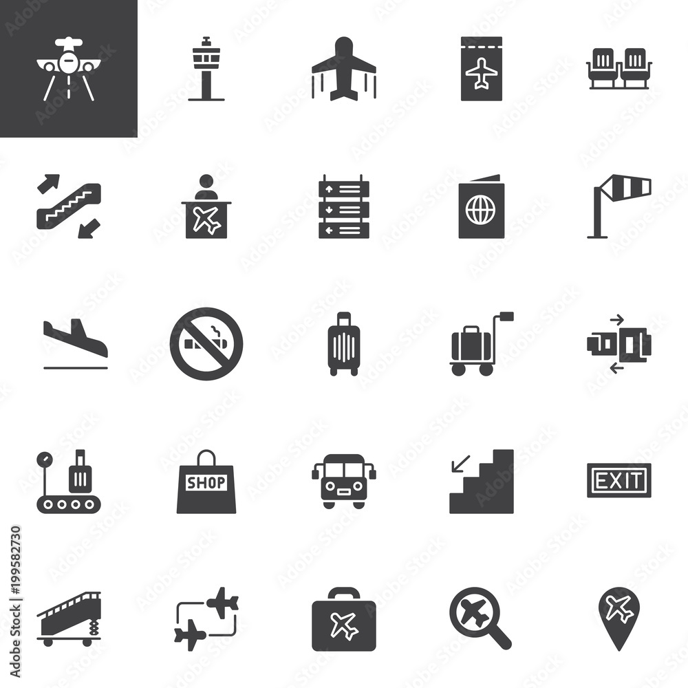 Airport vector icons set, modern solid symbol collection, filled style pictogram pack. Signs logo illustration. Set includes icons as Aircraft, Control tower, Plane, Ticket, Seats, Escalator, Passport