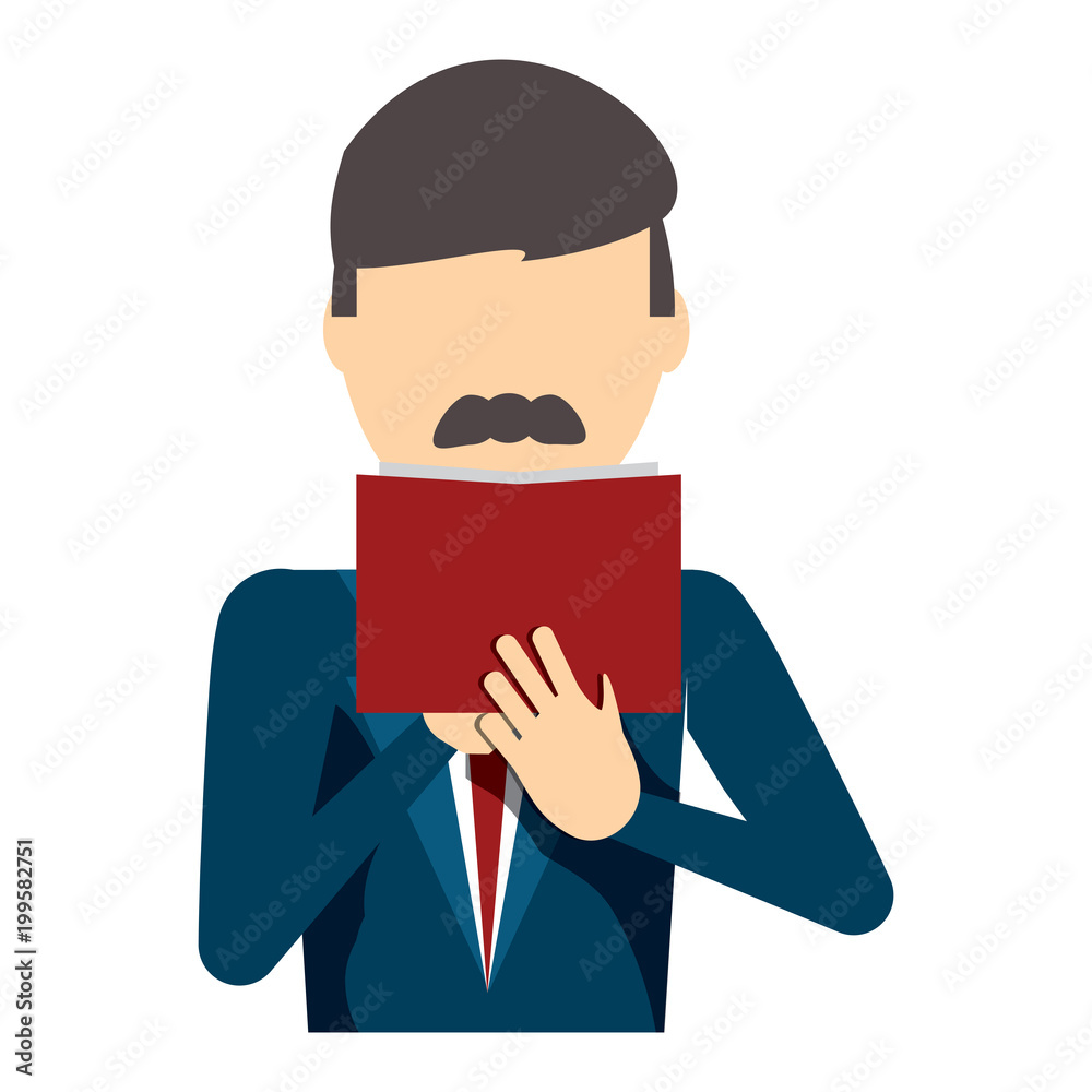 avatar businessman with mustache reading a book over white background, colorful design. vector illustration