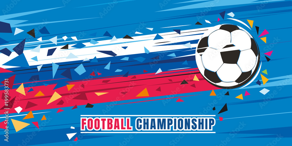 Naklejka premium Football championship concept vector illustration. Flying soccer ball with russian flag speed trace