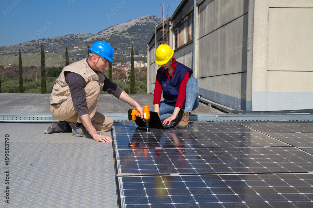 custom made wallpaper toronto digitalyoung engineer girl and an elderly skilled worker fitting a photovoltaic plant
