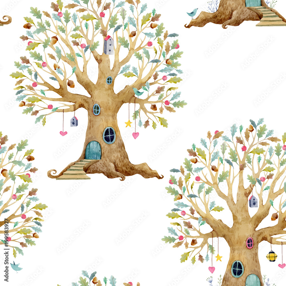 Naklejka Akwarela drzewo dom wektor wzór