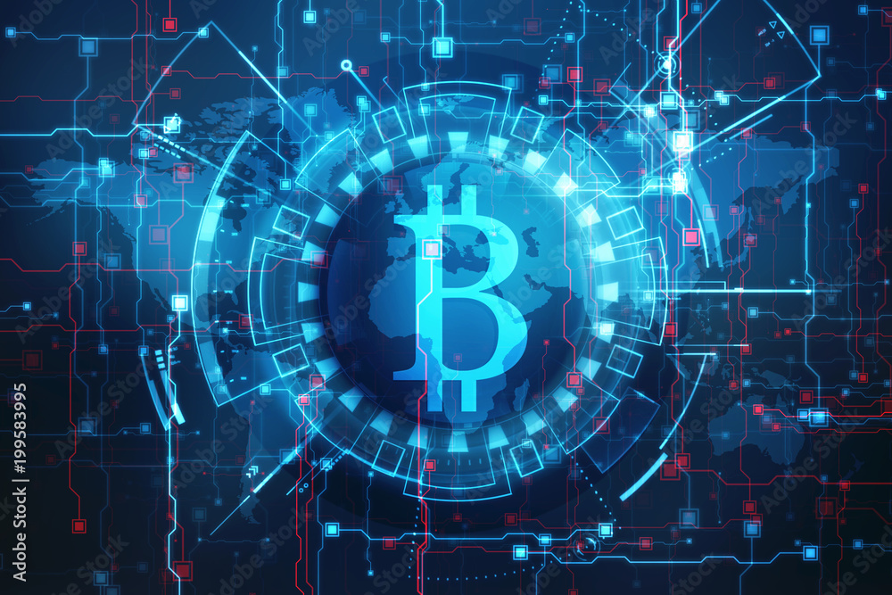 Global Abstract Bitcoin Crypto Currency Blockchain Technology World Map Background Illustration