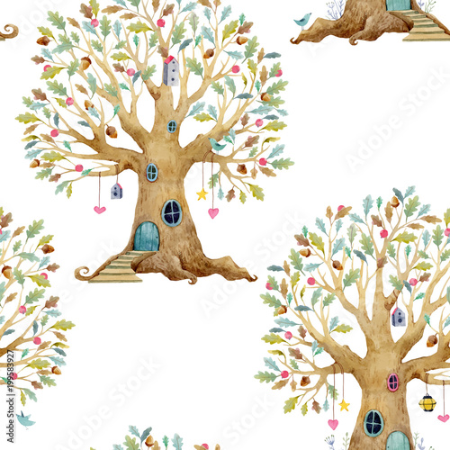 Naklejka Akwarela drzewo dom wektor wzór