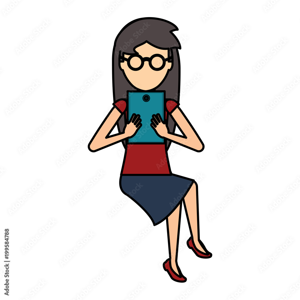 avatar woman sitting and using a tablet over white background, colorful design. vector illustration avatar woman sitting and using a tablet over white background, colorful design. vector illustration