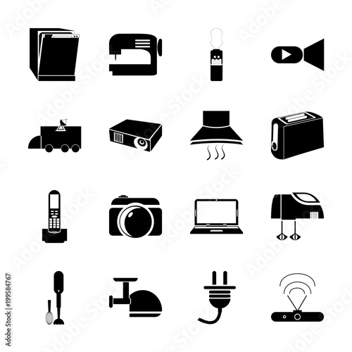 icon Electronic with house, filter, dishes, computer and internet