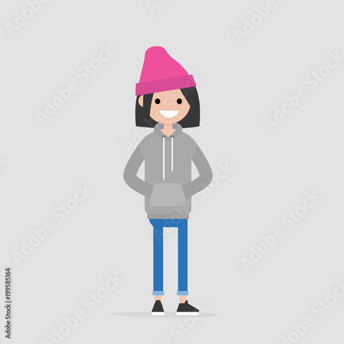 Young female character wearing grey hoodie and blue jeans. Casual daily style. Millennial lifestyle. Flat editable vector illustration, clip art