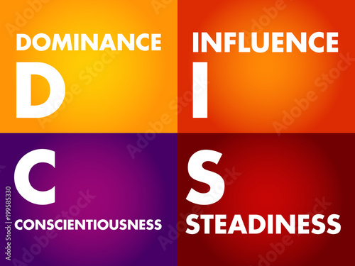 DISC, Dominance, Influence, Steadiness, Conscientiousness, acronym - personal assessment tool to improve work productivity, business and education concept