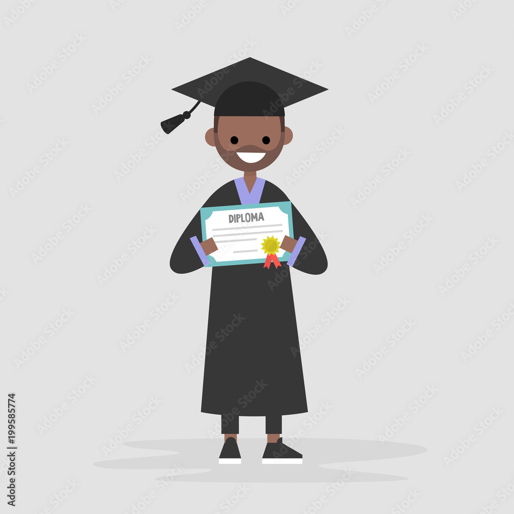 Young black graduate wearing a black robe and holding a diploma certificate. Graduation. Flat editable vector illustration, clip art Young black graduate wearing a black robe and holding a diploma certificate. Graduation. Flat editable vector illustration, clip art