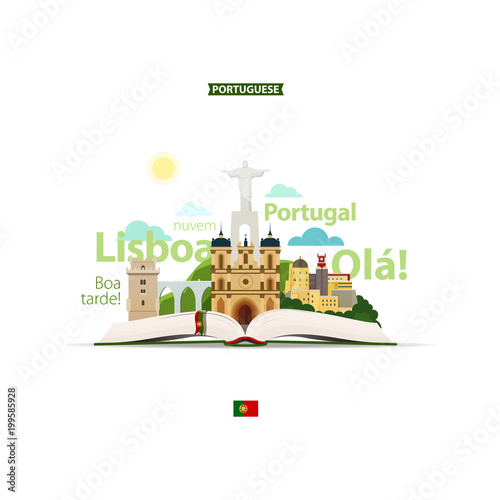 Learning Portuguese. Illustration with the image of an open book, statue, castle, mountains, other sights and portuguese words. Translation:"thank you, hello, cloud, Lisbon".
