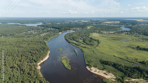 Gauja river Latvia drain into Baltic Sea aerial drone top view