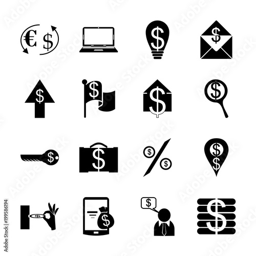 icon Currency with dollar, money, place, usd currency symbol and paper money