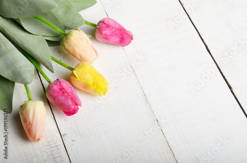 Obraz na płótnie Fresh tulips on white wooden table with copy-space high angle view w salonie