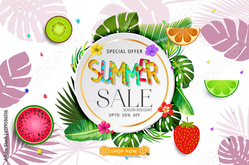 Summer sale banner with fruits background and exotic palm leaves  hibiscus flowers.