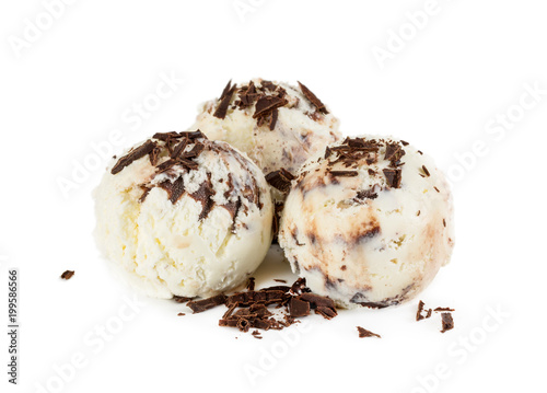 Three balls creamy chocolate ice cream with chocolate chips isolated on white