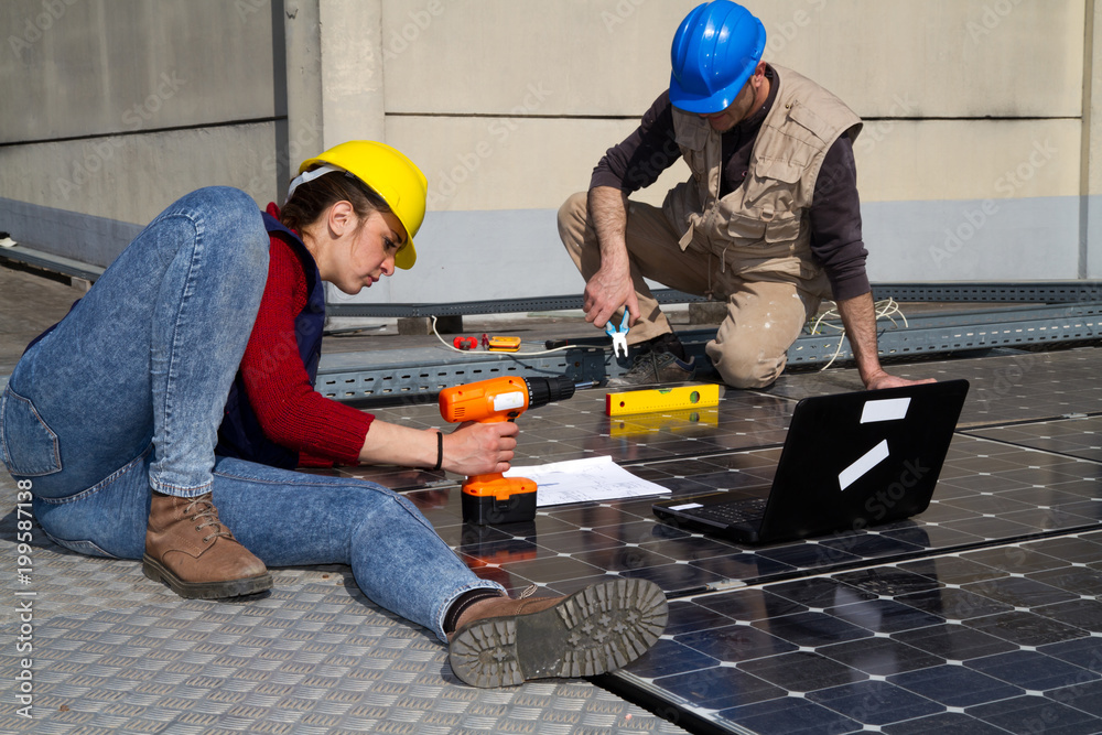 custom made wallpaper toronto digitalyoung engineer girl and an elderly skilled worker fitting a photovoltaic plant