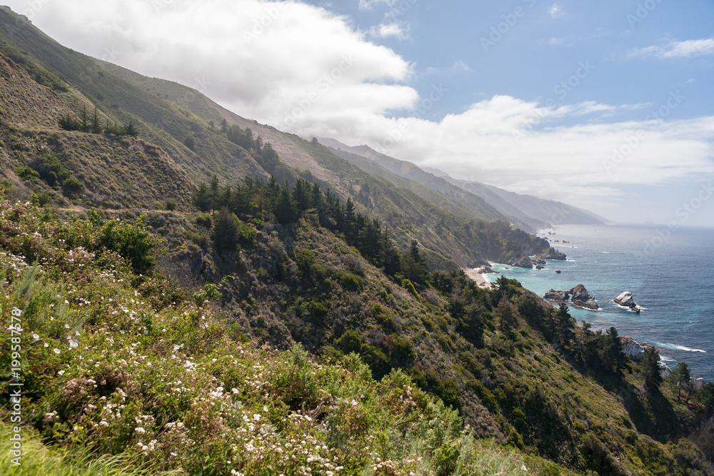 A Panoramic View of Mountains Crashing into the Pacific Ocean off of Rout 1, Big Sur National Park, California