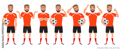 Footballer character constructor. Soccer player different postures, emotions set