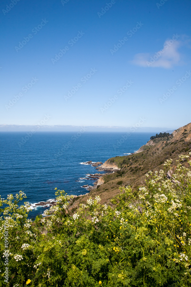 View of Hills, Mountains and the Rocky Shore of Big Sur National Park, California 