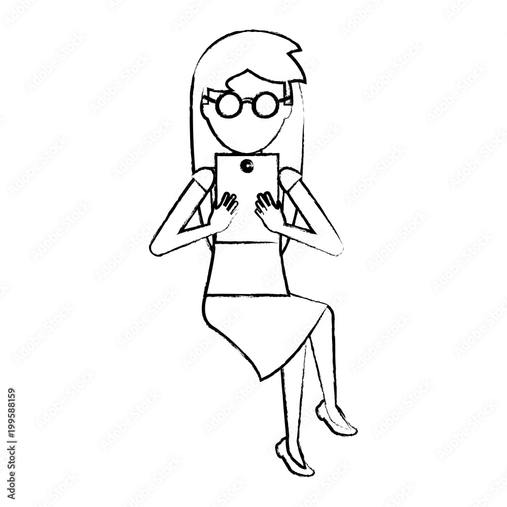 sketch of avatar woman sitting and using a tablet over white background, vector illustration sketch of avatar woman sitting and using a tablet over white background, vector illustration
