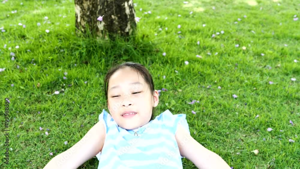Purple flower petals are falling on girl face, girl sitting on green grass outdoor. Purple flower petals are falling on girl face, girl sitting on green grass outdoor.