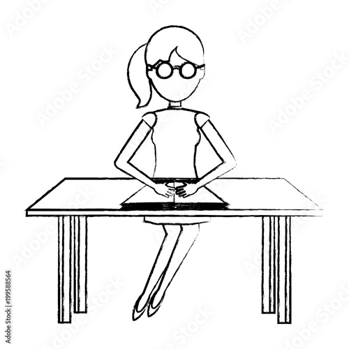 sketch of avatar woman studying and sitting at desk over white background, vector illustration