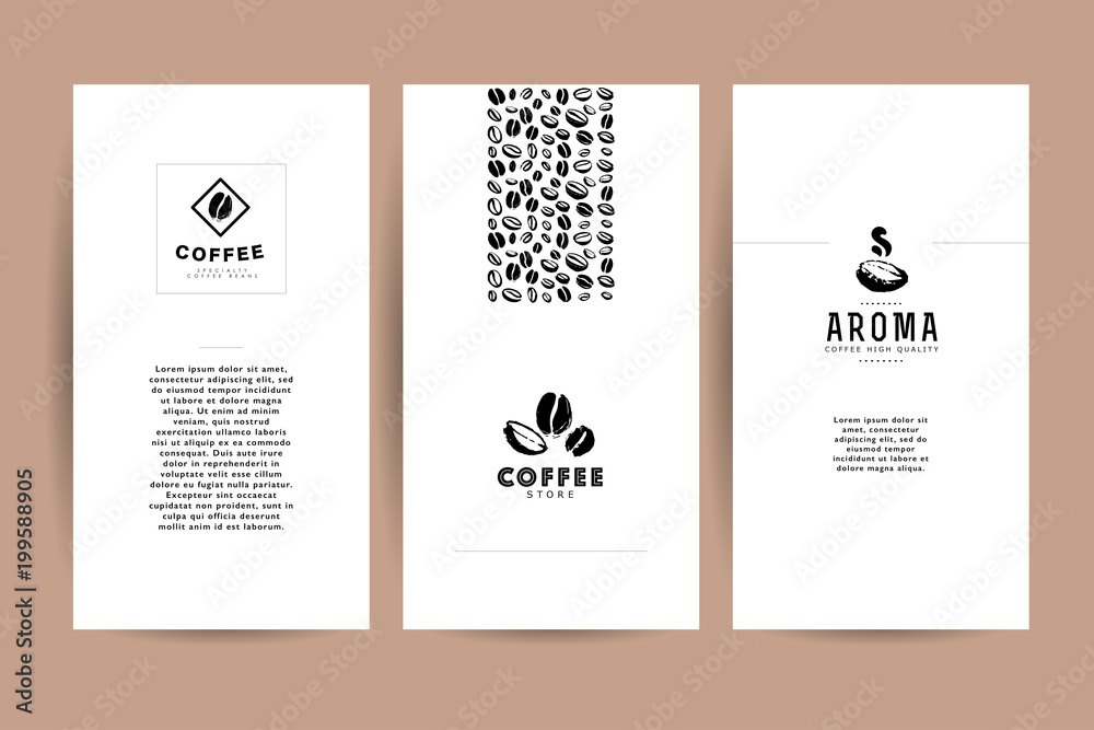 Vector collection of artistic cards with coffee emblems & logo, hand drawn coffee beans & seeds, textures & patterns. Coffee company shop insignia design.