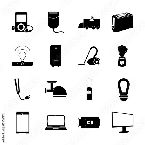 icon Electronic with vacuum cleaner, meat grinder, mixer, kitchen appliance and household
