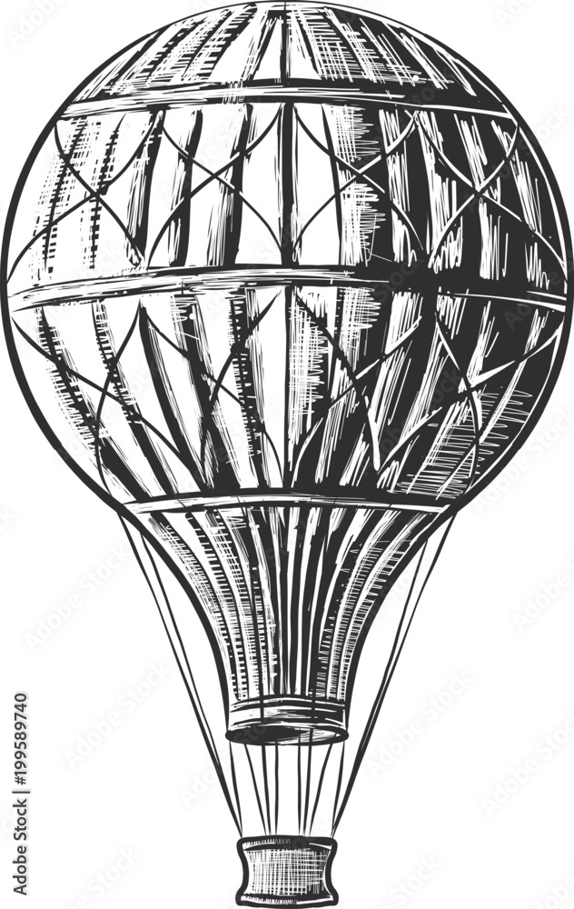 Fototapeta premium Vector engraved style illustration for posters, decoration and print. Hand drawn sketch of hot air balloon in monochrome isolated on white background. Detailed vintage woodcut style drawing.