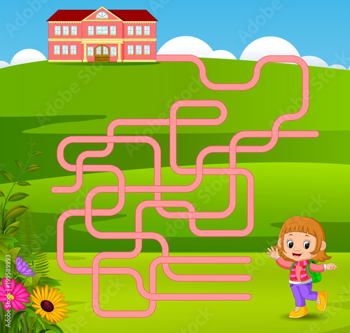 Maze game template with girl go to school