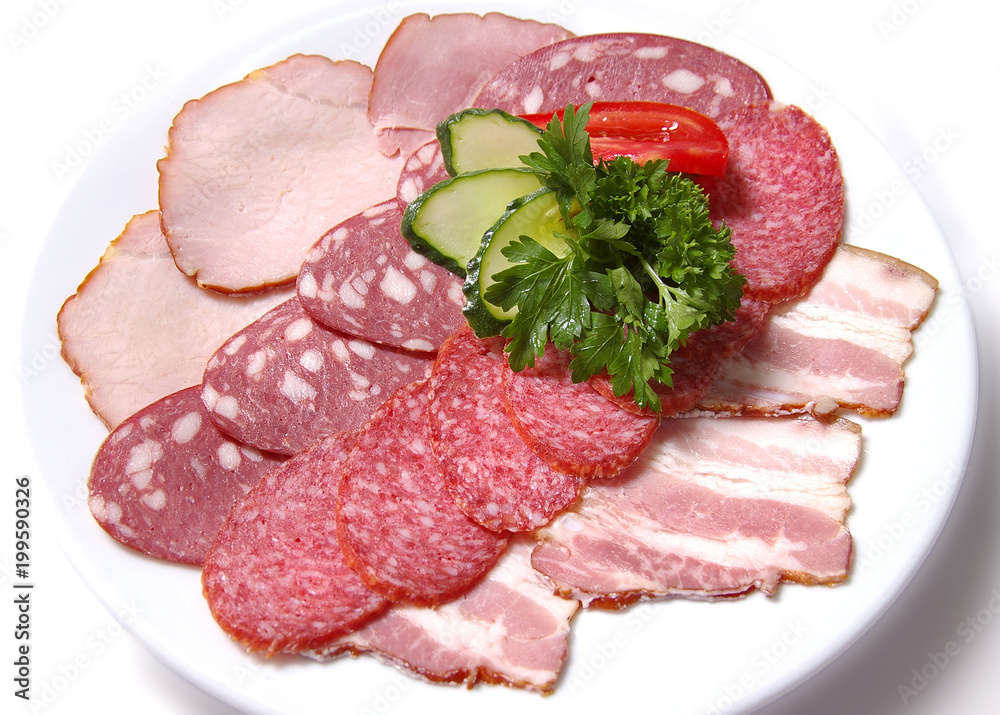 plate of bacon and sausages plate of bacon and sausages