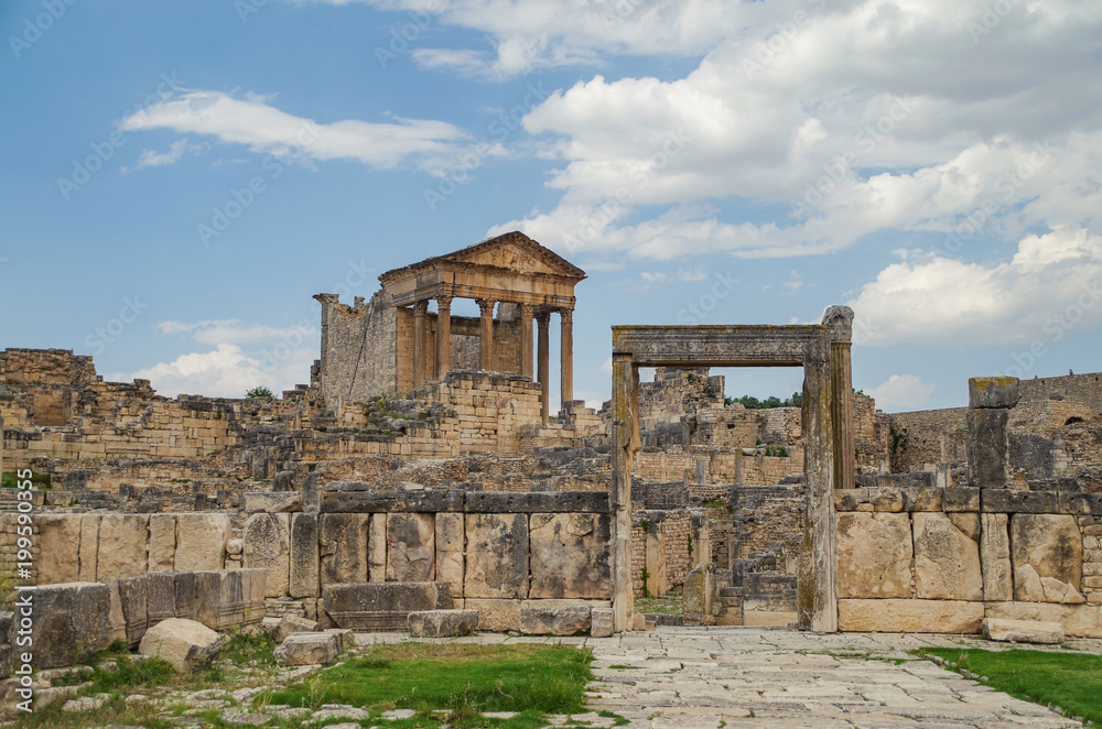 Roman ruins. The door of the Dar Lacheb (