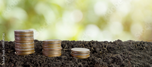 coins in soil, saving money concept
