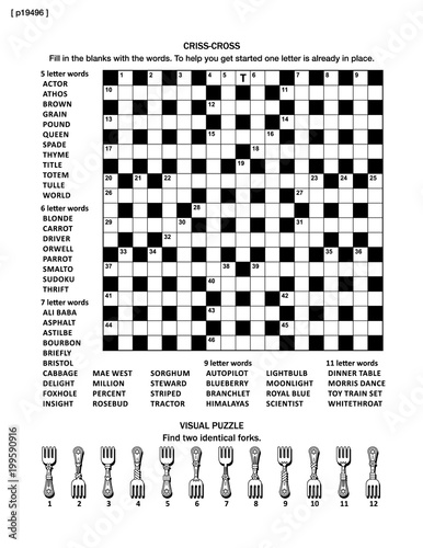 Puzzle page with two puzzles: big 19x19 criss-cross word game (English language) and small visual puzzle with forks. Black and white, A4 or letter sized. Answers are on separate file