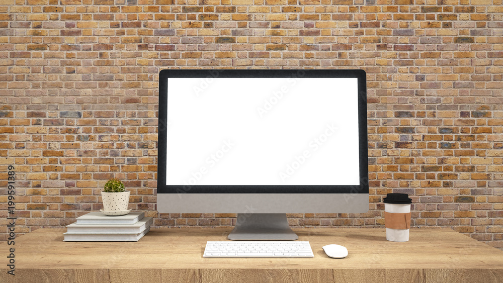 Fototapeta premium Modern flat screen computer monitor. Computer display isolated on wall background. / 3d rendering