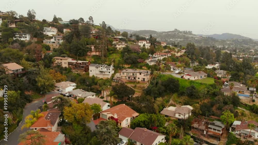 Aerial of a Southern California neighborhood with hollywood hills Aerial of a Southern California neighborhood with hollywood hills