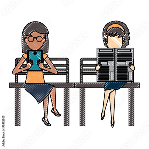 woman reading a newspaper and other woman using the cellphone on a bench over white background, colorful design. vector illustration