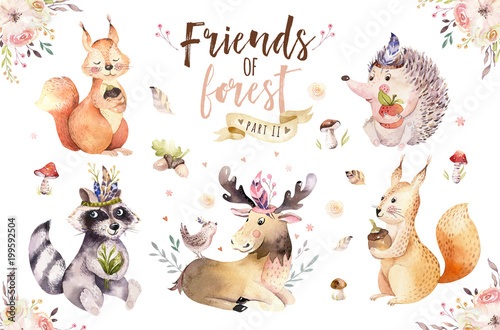 Cute watercolor bohemian baby cartoon hedgehog, squirrel and moose animal for nursary, woodland isolated forest illustration for children. Bunnies animals.