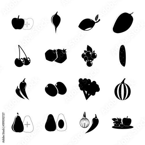 icon Fruits And Vegetables with cabbage, pickling cucumber, plum tree, apple and pear