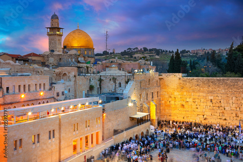 Jerusalem. Cityscape image of Jerusalem, Israel with Dome of the Rock and Western Wall at sunset.