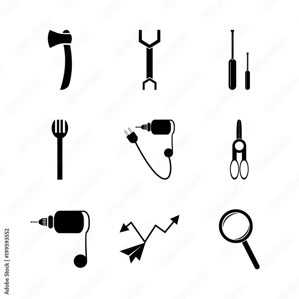 Fototapeta premium icon Instruments And Tools with hand drill, look, repair, fixing and axe