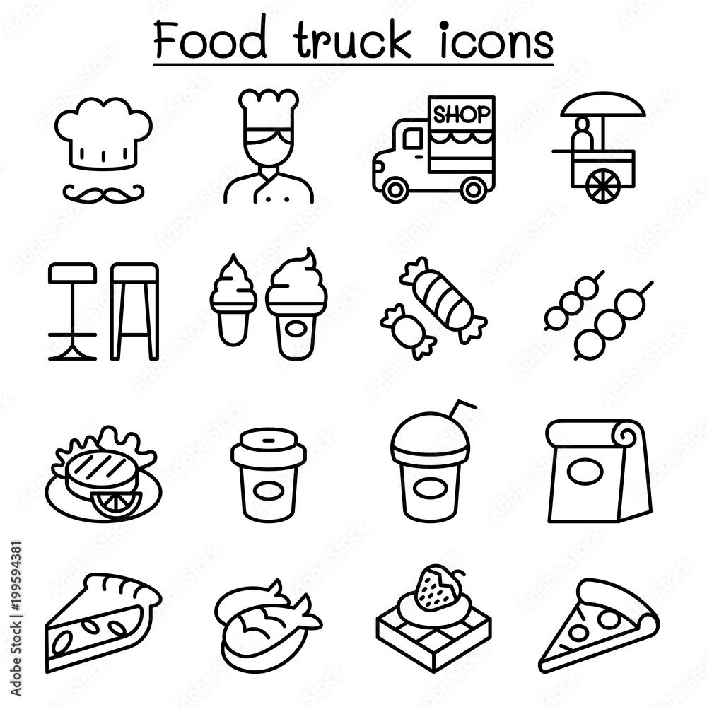 Food truck icon set in thin line style