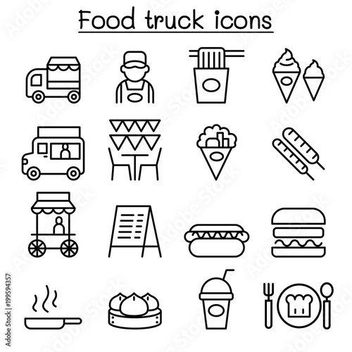 Food truck icon set in thin line style