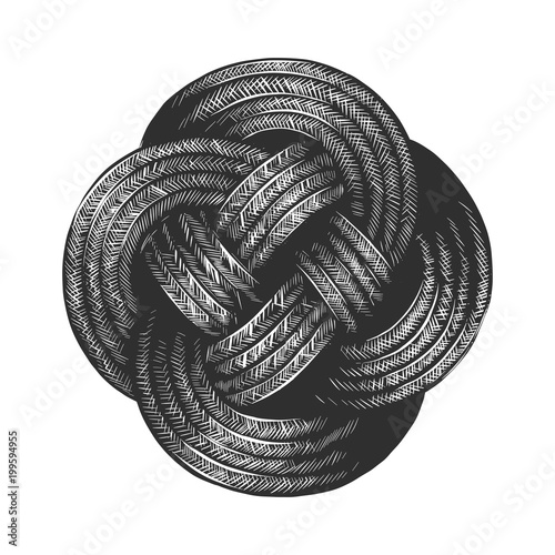 Vector engraved style illustration for posters, decoration and print. Hand drawn sketch of rope knot in monochrome isolated on white background. Detailed vintage woodcut style drawing.