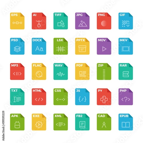 Vector flat icon set of file formats with outline icons