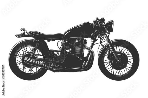 Vector engraved style illustration for posters, decoration and print. Hand drawn sketch of motorcyrcle in monochrome isolated on white background. Detailed vintage woodcut style drawing.