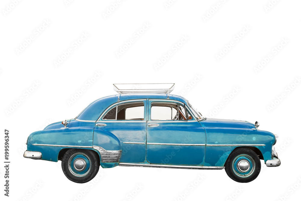 Blue, old and american car with trunk isolated