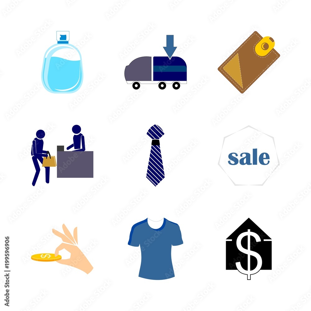 icon Shopping Tools with wallet, tie, delivery van, resturant and penny icon Shopping Tools with wallet, tie, delivery van, resturant and penny