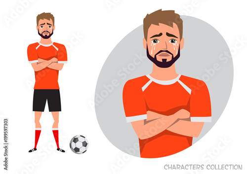 The football player crossed his arms and cries. Mans tears and depression. The emotion of disappointment and sadness at the soccer player face. The male was crying