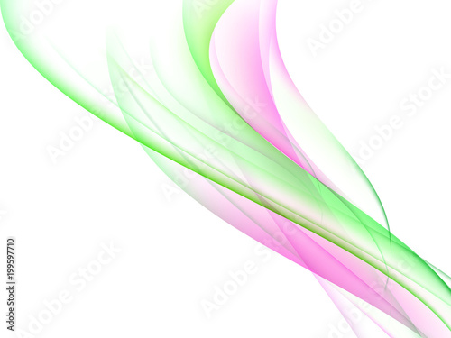 White abstract background with green and rose lines and waves, vector illustration