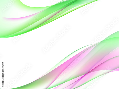 White abstract background with green and rose lines and waves, vector illustration